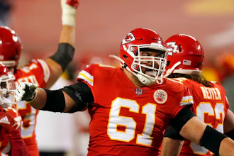 Kansas City Chiefs guard Stefen Wisniewski celebrates at the end of the AFC championship game against the Buffalo Bills, Jan. 24, 2021, Kansas City, Mo.