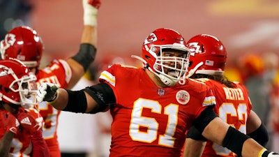 Kansas City Chiefs guard Stefen Wisniewski celebrates at the end of the AFC championship game against the Buffalo Bills, Jan. 24, 2021, Kansas City, Mo.