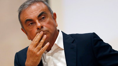 Former Nissan Chairman Carlos Ghosn during a press conference at the Maronite Christian Holy Spirit University of Kaslik, Lebanon, Sept. 29, 2020.
