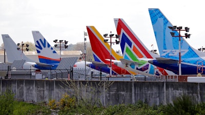 A line of Boeing 737 Max jets near the company's plant in Renton, Wash., April 20, 2020.