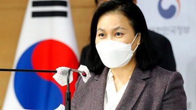 South Korean Trade Minister Yoo Myung-hee during a press conference at the Government Complex in Seoul, Feb. 5, 2021.