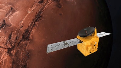 A June 1, 2020, illustration, provided by Mohammed Bin Rashid Space Centre, depicting the United Arab Emirates' Hope Mars probe.
