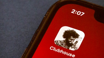 The icon for social media app Clubhouse on a smartphone in Beijing, Feb. 9, 2021.