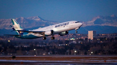 The first commercial flight of the Boeing 737 Max in Canada since the aircraft was cleared to fly again, Jan. 21, 2021, Calgary.