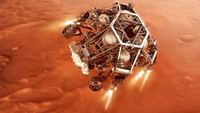 In this illustration provided by NASA, the Perseverance rover fires up its descent stage engines as it nears the Martian surface.