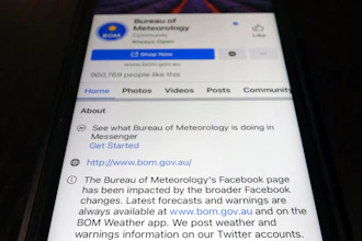 A disclaimer shown on the bottom of Australia's Bureau of Meteorology page on the Facebook app, Feb. 18, 2021, Tokyo.