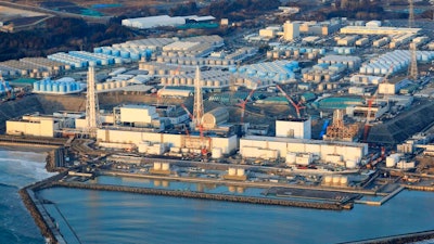 Aerial photo of the Fukushima Dai-ichi nuclear power plant, Okuma town, Japan, Feb. 14, 2021.