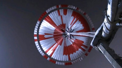 Image from video showing the parachute deployed during the descent of the Mars Perseverance rover, Feb. 18, 2021.