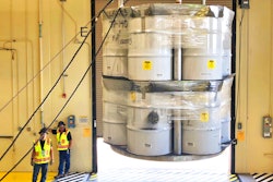 Barrels of radioactive waste are loaded for transport to the Waste Isolation Pilot Plant at the Radioactive Assay Nondestructive Testing facility in Los Alamos, N.M., April 2019.