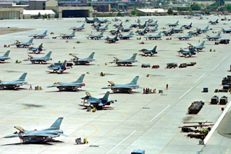 F-16 Fighting Falcons on the tarmac at Luke Air Force Base in Glendale, Ariz., April 14, 1999.