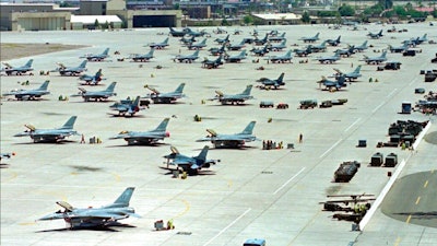 F-16 Fighting Falcons on the tarmac at Luke Air Force Base in Glendale, Ariz., April 14, 1999.