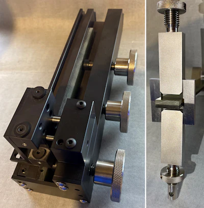 A drill hole jig designed at Sandia (left) and Sandia’s solution for Mode I Fracture Testing (right).