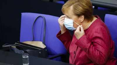 German Chancellor Angela Merkel at the parliament building in Berlin, Sept. 30, 2020.