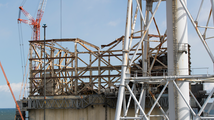 Damaged Unit 1 reactor the exhaust stack at the Fukushima Daiichi nuclear power plant, Okuma town, Japan, Feb. 27, 2021.