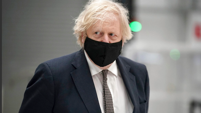 British Prime Minister Boris Johnson during a visit to BAE Systems at Warton Aerodrome, Lancashire, England, March 22, 2021.
