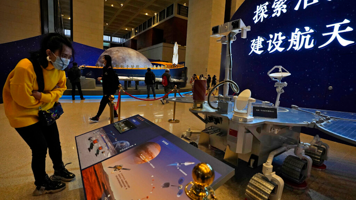 Replica of the Tianwen-1 spacecraft's Mars Rover at an exhibition in Beijing, March 12, 2021.