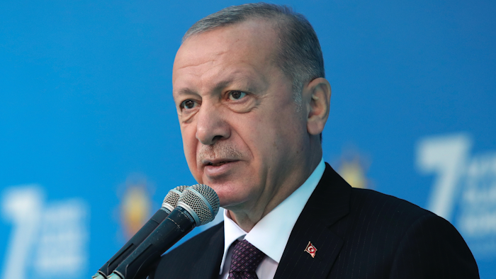 Turkish President Recep Tayyip Erdogan addresses his ruling Justice and Development Party members at a soccer stadium, Samsun, Turkey, Nov. 1, 2020.