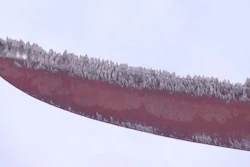This drone photo from a field study of icing on wind turbines shows how ice accumulated at the tip of a turbine blade during a winter storm.