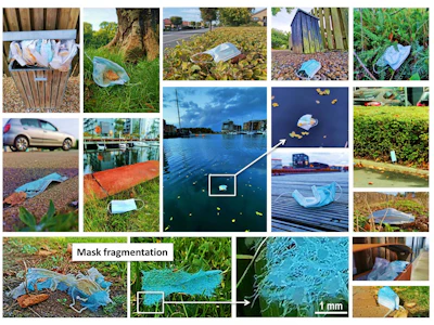 Collection of photos of disposed facemasks in the environment in the city of Odense, Denmark.