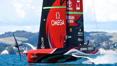 Team New Zealand sails against Italy's Luna Rossa at the start of race 3 of the America's Cup on Auckland's Waitemata Harbour, March 12, 2021.