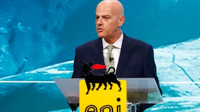 Eni CEO Claudio Descalzi delivers his speech during the company's 2019-22 strategy presentation, San Donato Milanese, Milan, March 15, 2019.