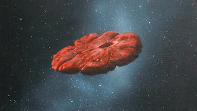 A 2018 illustration depicting the Oumuamua interstellar object as a pancake-shaped disk.