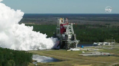 Image from video of the core stage of the Space Launch System tested at Stennis Space Center near Bay St. Louis, Miss., March 18, 2021.