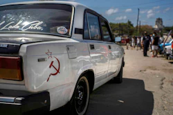 A Lada car is driven to the Lada Cuba Club meeting in Havana, March 21, 2021.