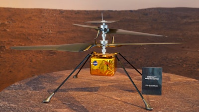 Full-scale model of the Ingenuity helicopter at NASA's Jet Propulsion Laboratory, Pasadena, Calif., Feb. 17, 2021.