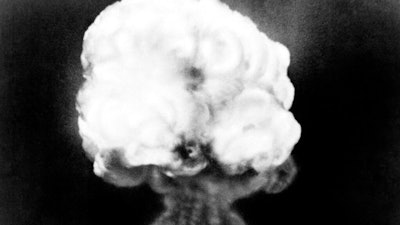 Mushroom cloud of the first atomic explosion at Trinity Test Site near Alamagordo, N.M., July 16, 1945.