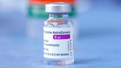 A vial of the AstraZeneca COVID-19 vaccination on a table prior to Croatia's Parliament Speaker Gordan Jandrokovic and Prime Minister Andrej Plenkovic being vaccinated in Zagreb, March 24, 2021.