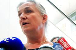 Dr. Irene Frachon, who discovered that Mediator could have fatal side effect, speaks to reporters at a Paris courthouse, Sept. 23, 2019.