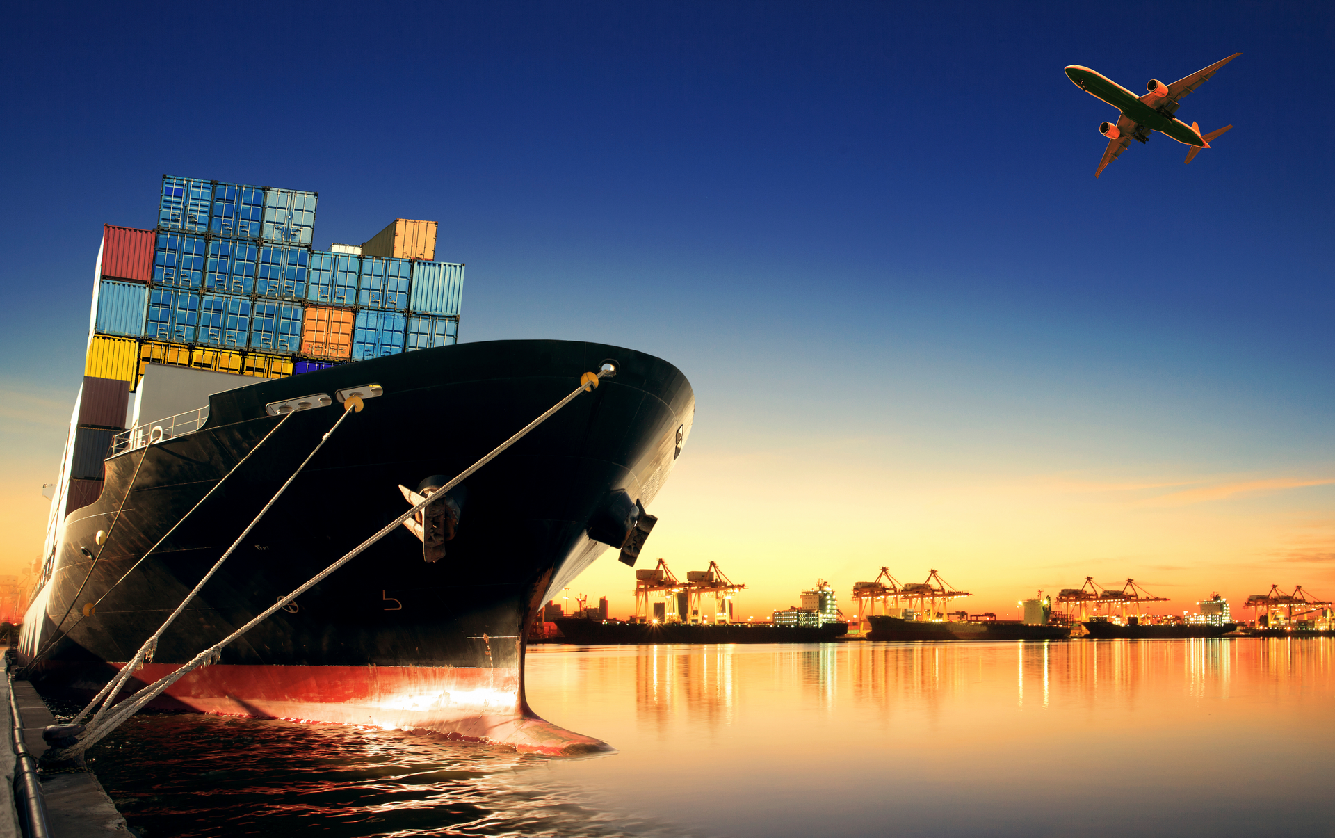 Container Ship At Port And Cargo Plane 000071988275 Large