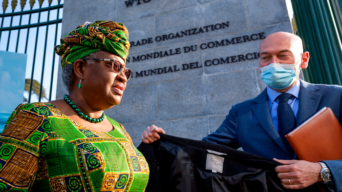 WTO Director-General Ngozi Okonjo-Iweala, left, at WTO headquarters in Geneva, Switzerland, March 1, 2021.