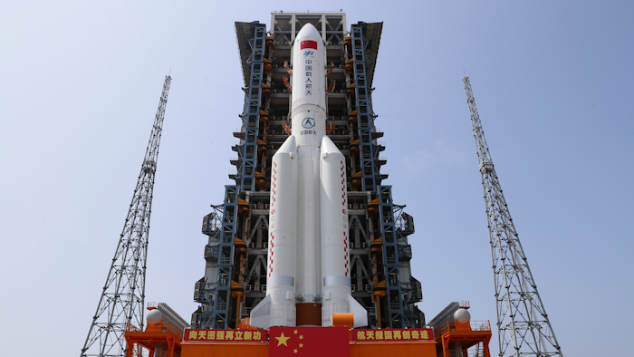 The core module of China's space station Tianhe on the the Long March-5B Y2 rocket, Wenchang Spacecraft Launch Site, April 23, 2021