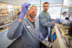 Brett Helms, foreground, in the Molecular Foundry in 2019.