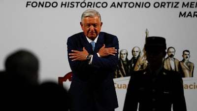 Mexican President Andres Manuel Lopez Obrador during a news conference marking the 100th day of his third year in office, National Palace, Mexico City, March 30, 2021