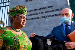 WTO Director-General Ngozi Okonjo-Iweala, left, at WTO headquarters in Geneva, Switzerland, March 1, 2021.