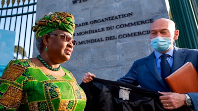 WTO Director-General Ngozi Okonjo-Iweala, left, at WTO headquarters in Geneva, Switzerland, March 1, 2021.