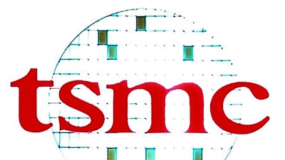 Logo of Taiwan Semiconductor Manufacturing Co. (TSMC) displayed during a quarterly press conference in Taipei, Oct. 27, 2005.