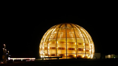 The European Organization for Nuclear Research, CERN, is illuminated outside Geneva, Switzerland, March 30, 2010.