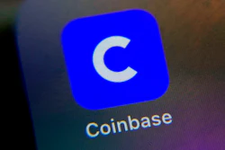 The mobile phone icon for the Coinbase app shown in New York, April 13, 2021.
