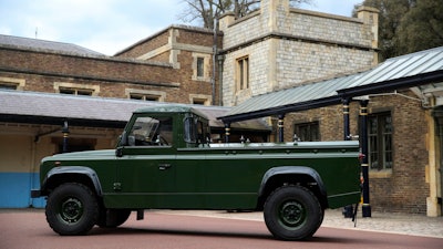 The Jaguar Land Rover that will be used to transport the coffin of the Duke of Edinburgh at his funeral, Windsor Castle, Berkshire, England, April 14, 2021.