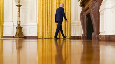 President Joe Biden leaves after speaking about Russia in the East Room of the White House, April 15, 2021.