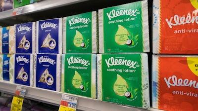 Boxes of Kleenex tissues in a pharmacy in New York, April 19, 2021.