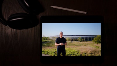 Apple CEO Tim Cook during a virtual event to announce new Apple products, La Habra, Calif., April 20, 2021.