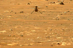 The Mars Ingenuity helicopter hovers above the surface of the planet during its second flight, April 22, 2021.