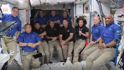 Astronauts of the International Space Station during an interview, April 24, 2021.