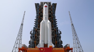 The core module of China's space station Tianhe on the the Long March-5B Y2 rocket, Wenchang Spacecraft Launch Site, April 23, 2021
