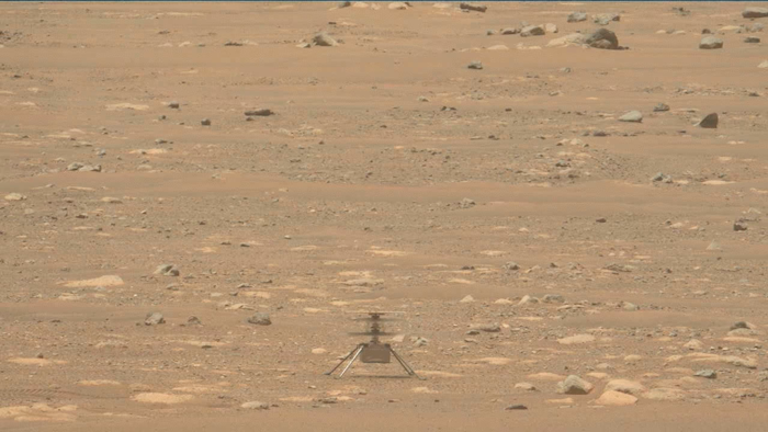 Image from video showing the Mars Ingenuity helicopter on the surface of the planet, April 29, 2021.